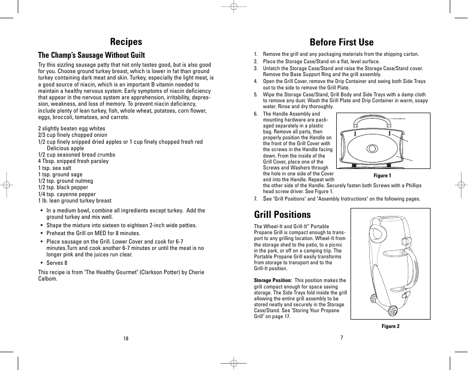 Before first use, Grill positions, Recipes | The champ’s sausage without guilt | Salton, Inc GP300 User Manual | Page 17 / 23