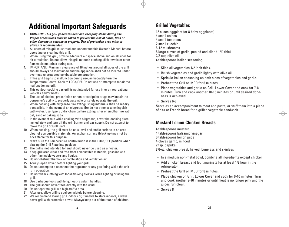 Additional important safeguards, Grilled vegetables, Mustard lemon chicken breasts | Salton, Inc GP300 User Manual | Page 20 / 23