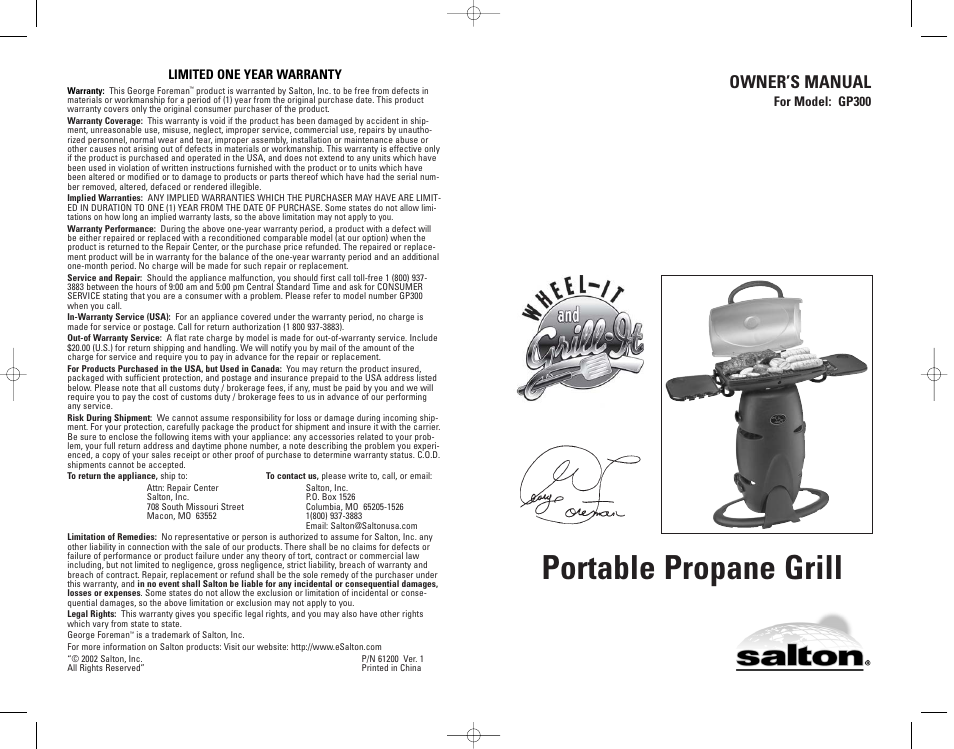 George foreman, Portable propane grill, Owner’s manual | Salton, Inc GP300 User Manual | Page 23 / 23