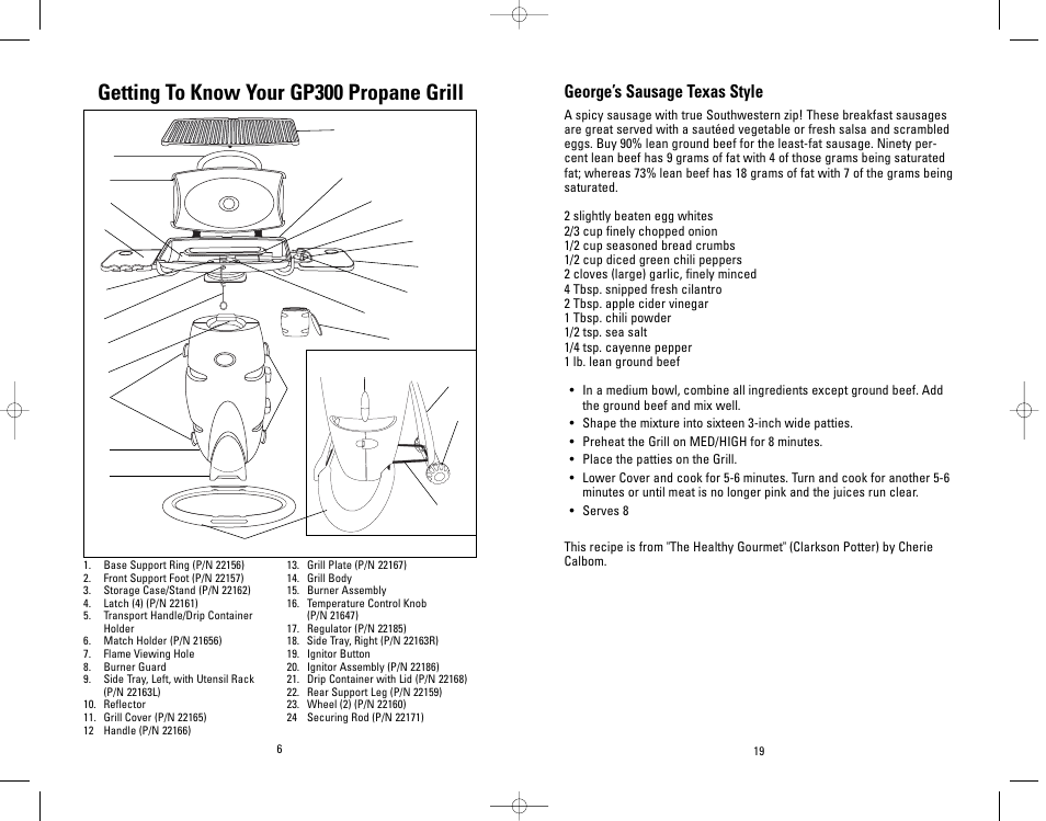 Getting to know your gp300 propane grill, George’s sausage texas style | Salton, Inc GP300 User Manual | Page 5 / 23