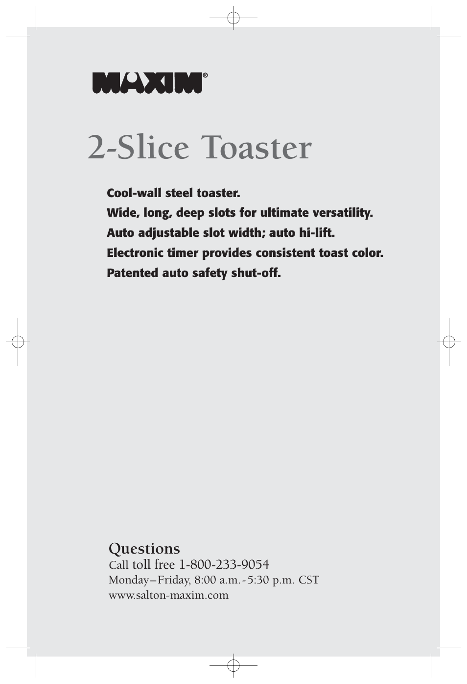 Slice toaster | Salton, Inc 2-Slice Toaster MAXT2W User Manual | Page 10 / 10