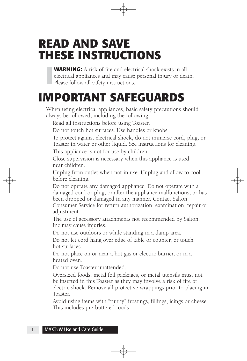 Important safeguards, Read and save these instructions | Salton, Inc 2-Slice Toaster MAXT2W User Manual | Page 2 / 10