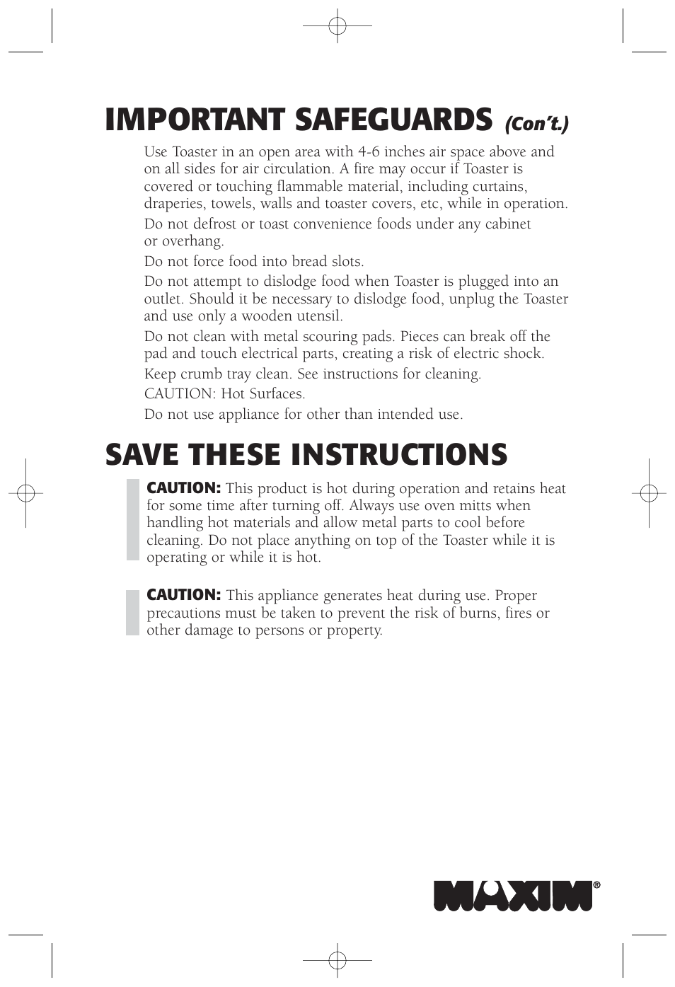 Important safeguards, Save these instructions | Salton, Inc 2-Slice Toaster MAXT2W User Manual | Page 3 / 10