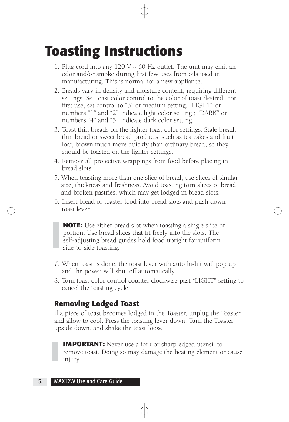 Toasting instructions | Salton, Inc 2-Slice Toaster MAXT2W User Manual | Page 6 / 10