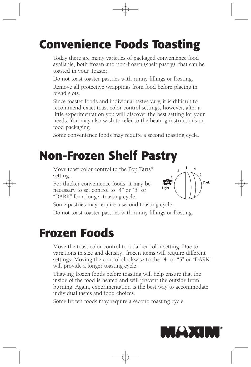 Convenience foods toasting, Non-frozen shelf pastry, Frozen foods | Salton, Inc 2-Slice Toaster MAXT2W User Manual | Page 7 / 10