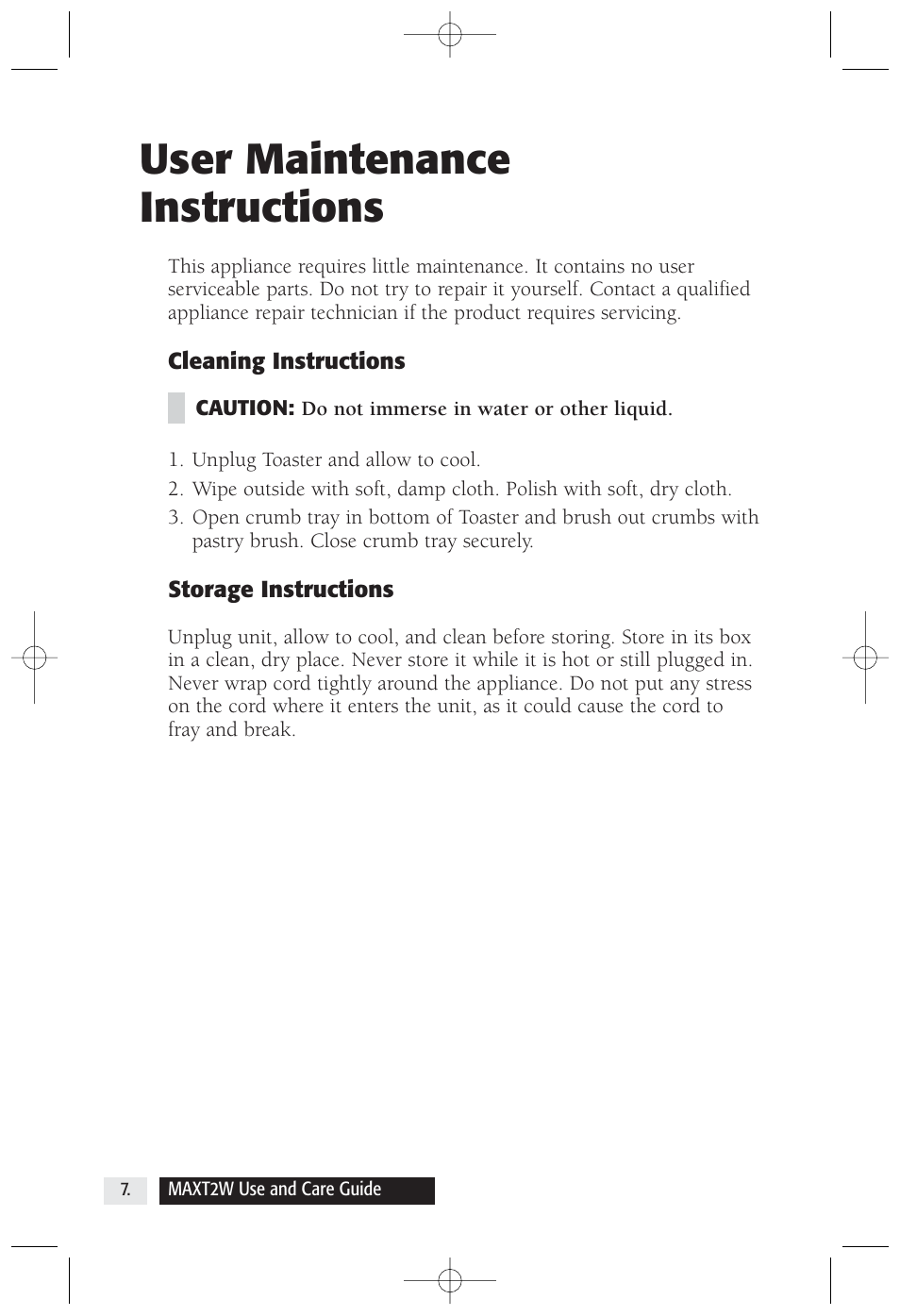 User maintenance instructions | Salton, Inc 2-Slice Toaster MAXT2W User Manual | Page 8 / 10