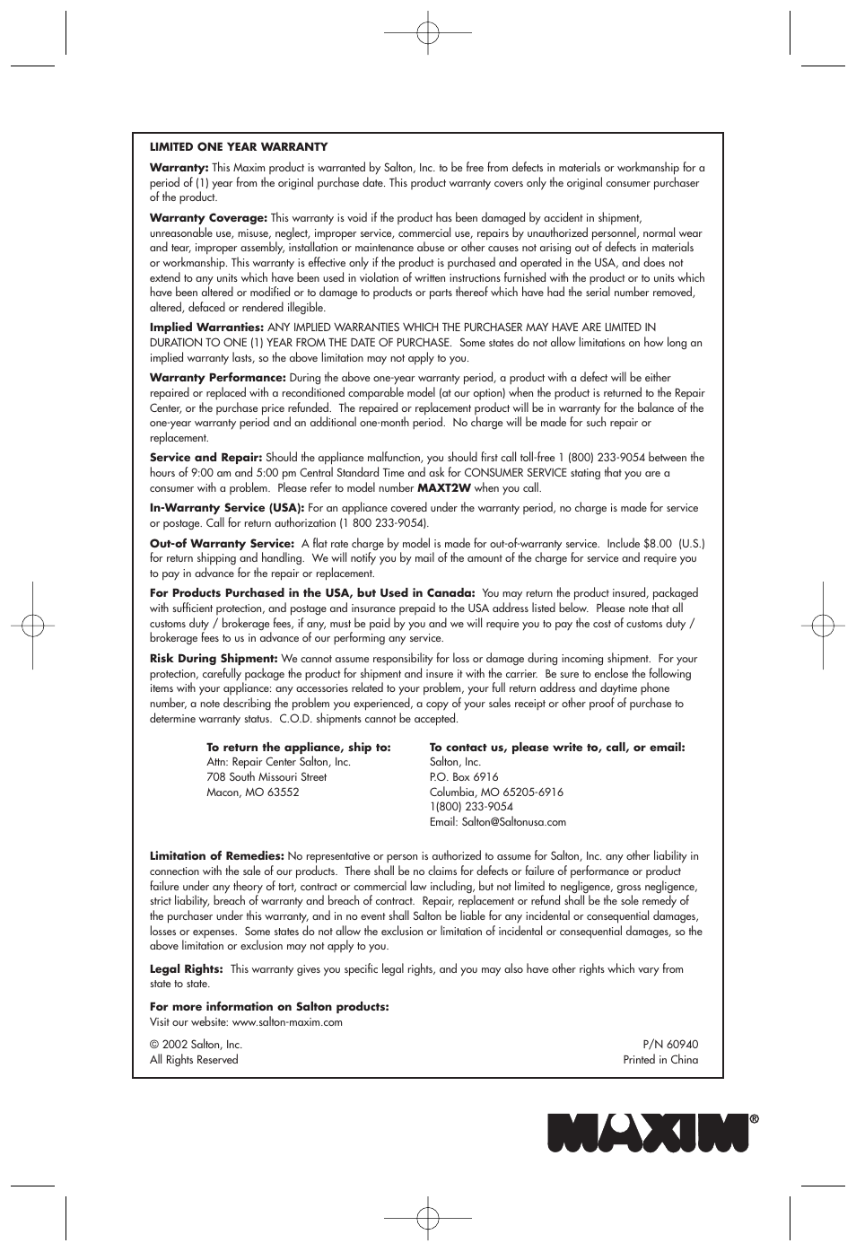 Salton, Inc 2-Slice Toaster MAXT2W User Manual | Page 9 / 10