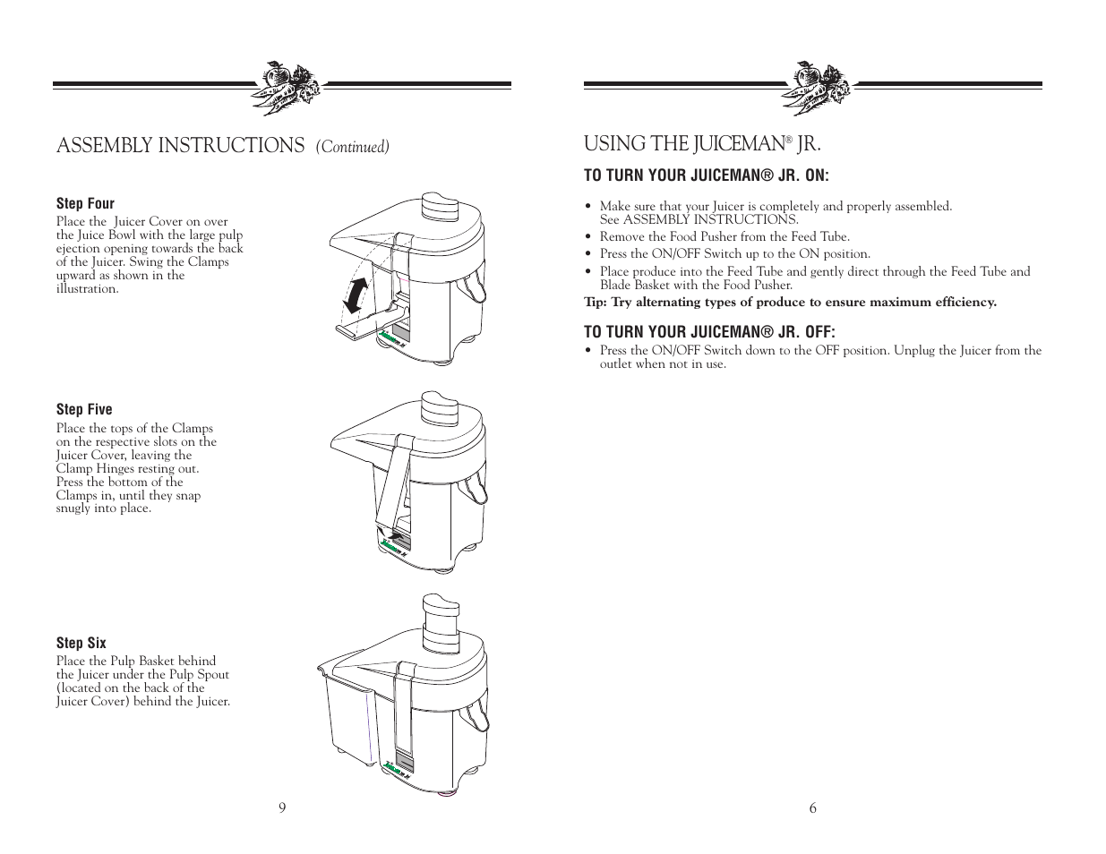 Assembly instructions, Using the juiceman | Salton, Inc JM1 User Manual | Page 10 / 16