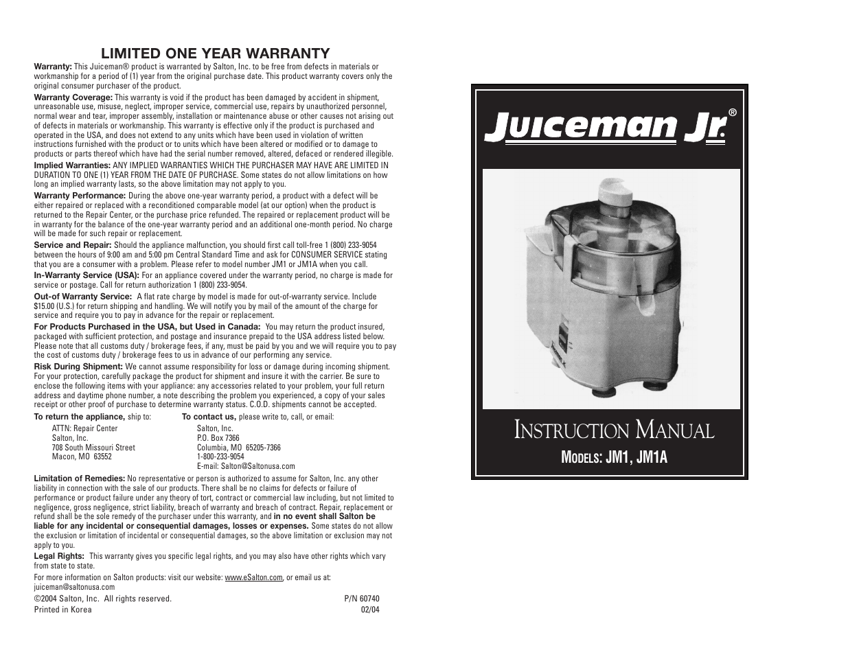 Nstruction, Anual, Jm1, jm1a | Limited one year warranty | Salton, Inc JM1 User Manual | Page 16 / 16