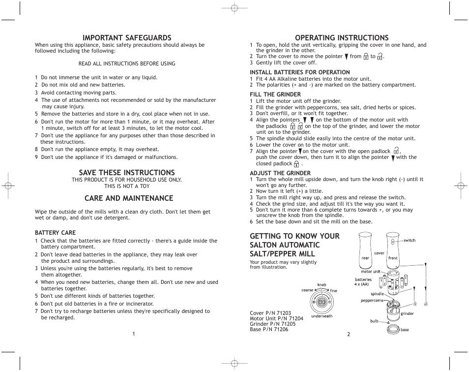 Operating instructions, Important safeguards, Save these instructions | Care and maintenance | Salton, Inc SG8SS User Manual | Page 2 / 4