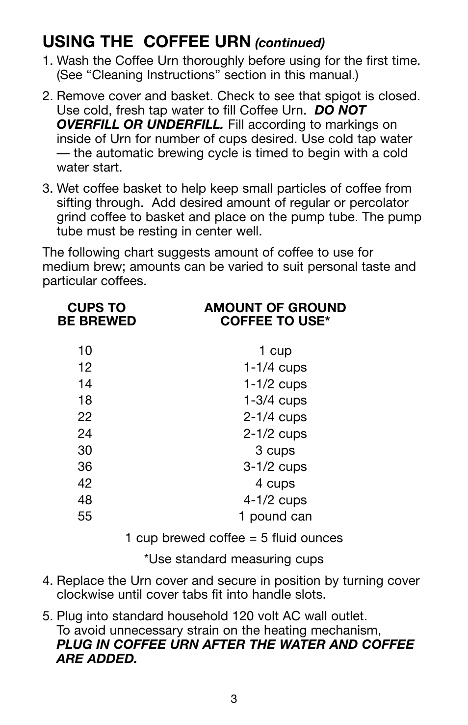 Using the coffee urn | FARBERWARE AUTOMATIC STAINLESS STEEL COFFEE URN FSU 122 User Manual | Page 4 / 6