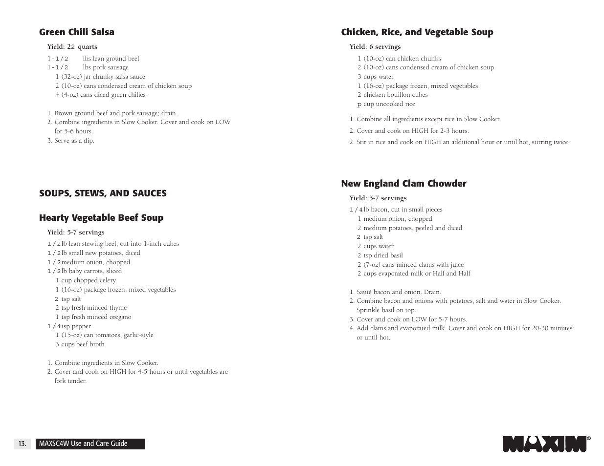 Chicken, rice, and vegetable soup, New england clam chowder, Green chili salsa | Salton, Inc 4-Quart Oval Slow Cooker MAXSC4W User Manual | Page 15 / 35