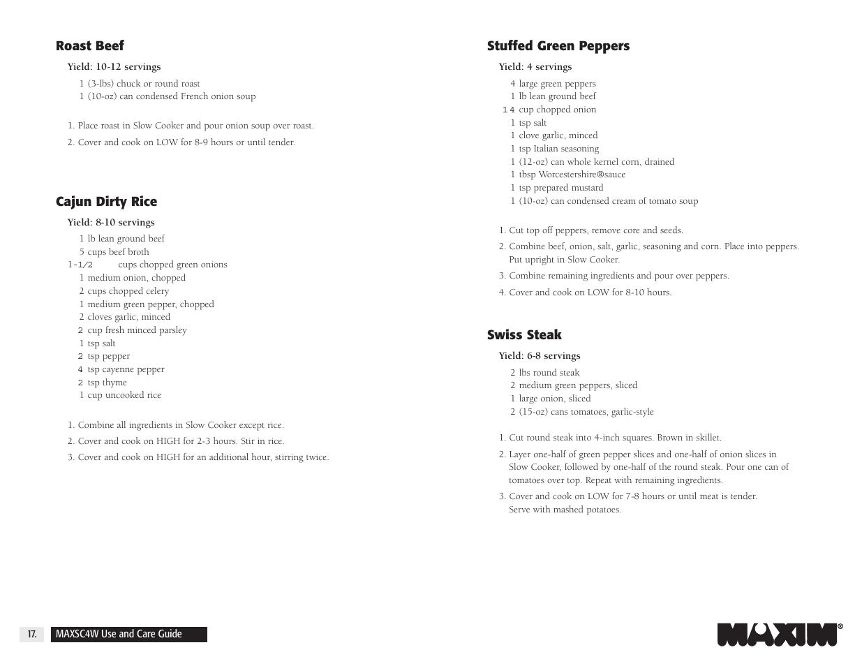 Stuffed green peppers, Swiss steak, Roast beef | Cajun dirty rice | Salton, Inc 4-Quart Oval Slow Cooker MAXSC4W User Manual | Page 18 / 35