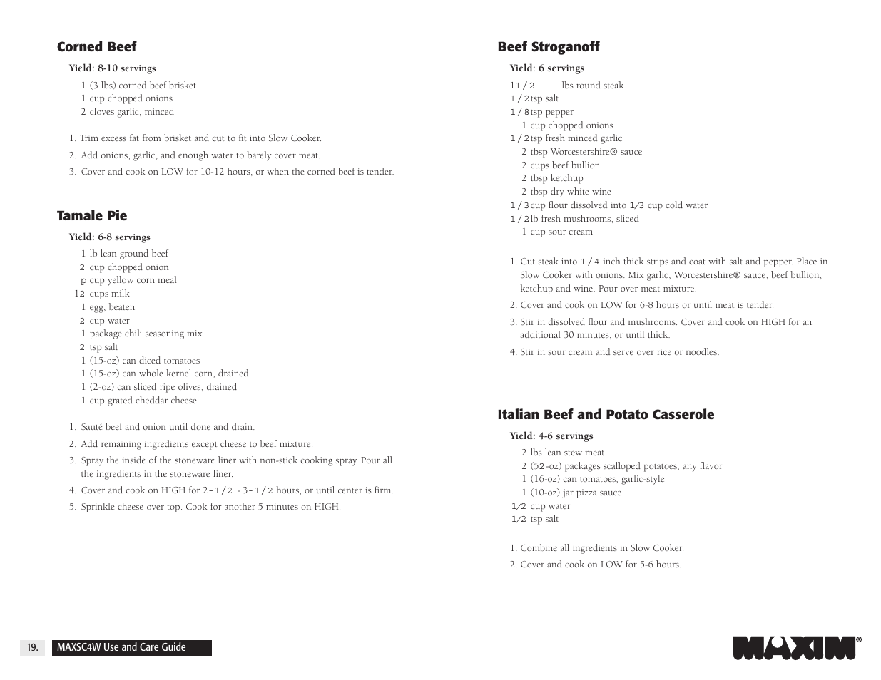 Beef stroganoff, Italian beef and potato casserole, Corned beef | Tamale pie | Salton, Inc 4-Quart Oval Slow Cooker MAXSC4W User Manual | Page 23 / 35