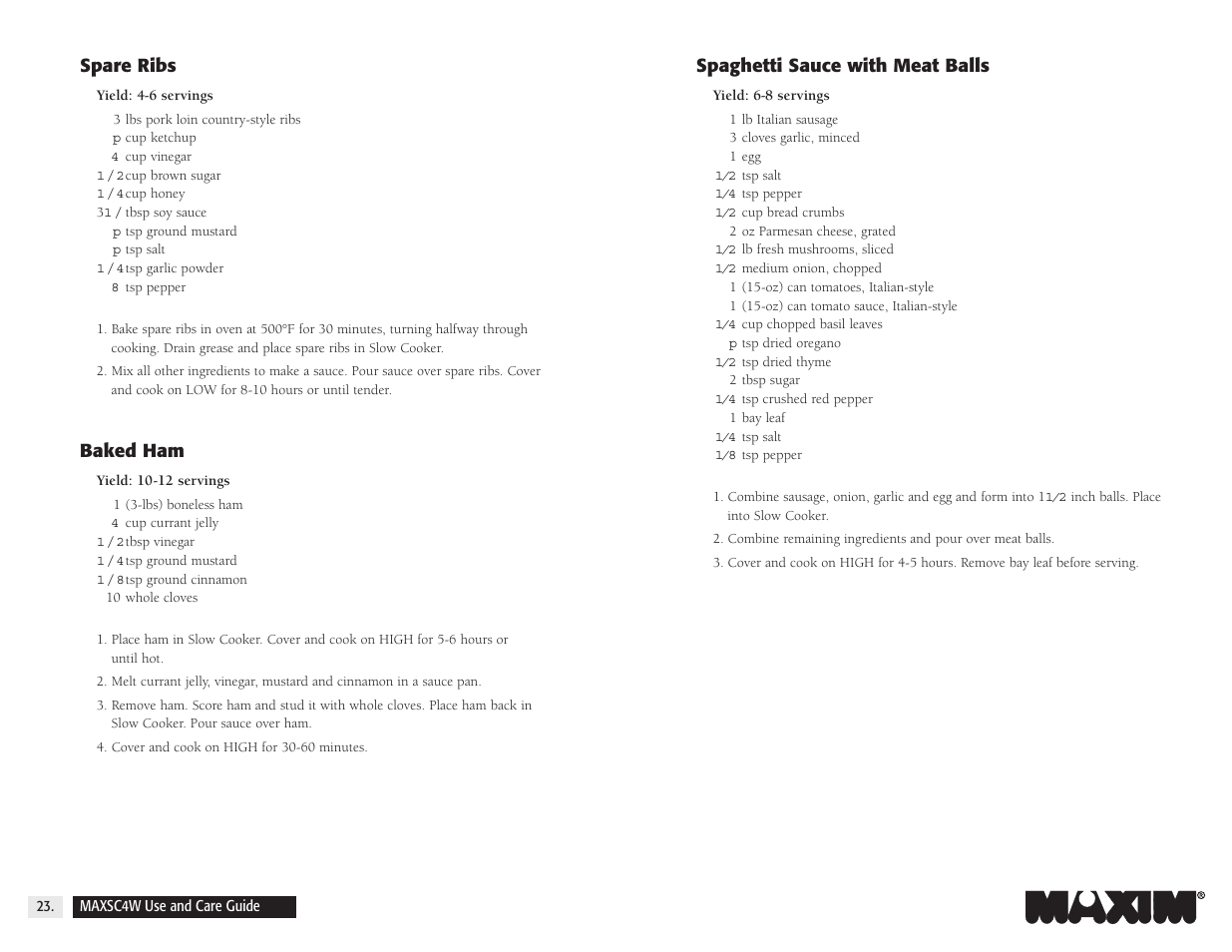Spaghetti sauce with meat balls, Spare ribs, Baked ham | Salton, Inc 4-Quart Oval Slow Cooker MAXSC4W User Manual | Page 24 / 35