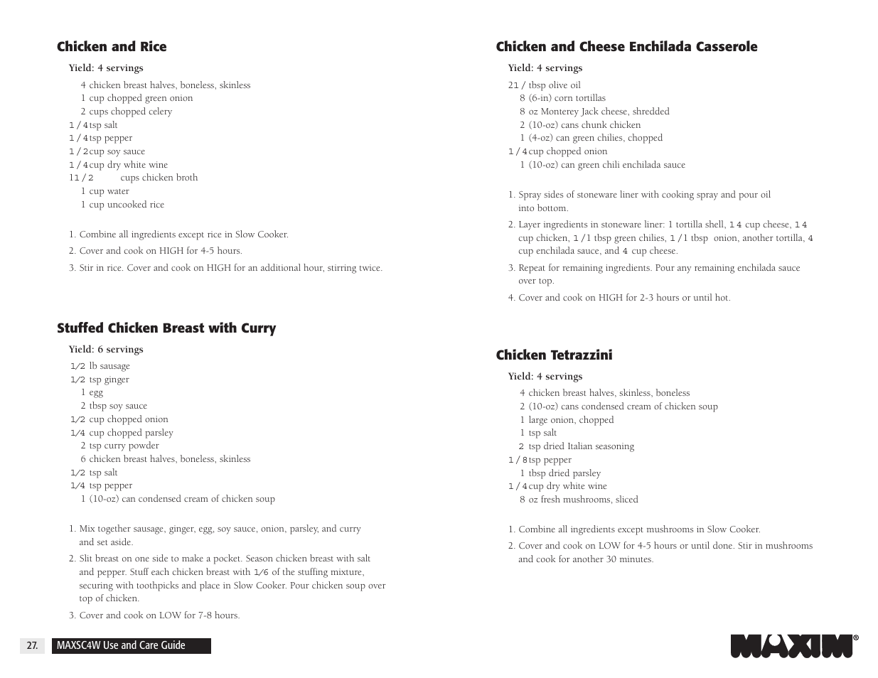Chicken and cheese enchilada casserole, Chicken tetrazzini, Chicken and rice | Stuffed chicken breast with curry | Salton, Inc 4-Quart Oval Slow Cooker MAXSC4W User Manual | Page 28 / 35
