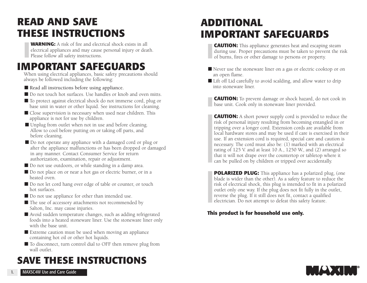Additional important safeguards, Important safeguards, Read and save these instructions | Save these instructions | Salton, Inc 4-Quart Oval Slow Cooker MAXSC4W User Manual | Page 3 / 35