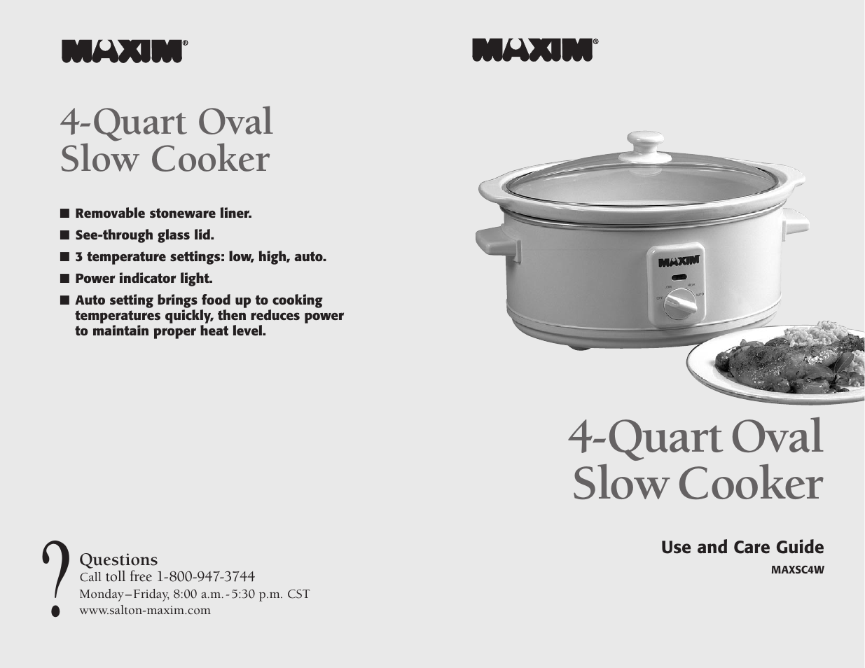 Quart oval slow cooker | Salton, Inc 4-Quart Oval Slow Cooker MAXSC4W User Manual | Page 34 / 35