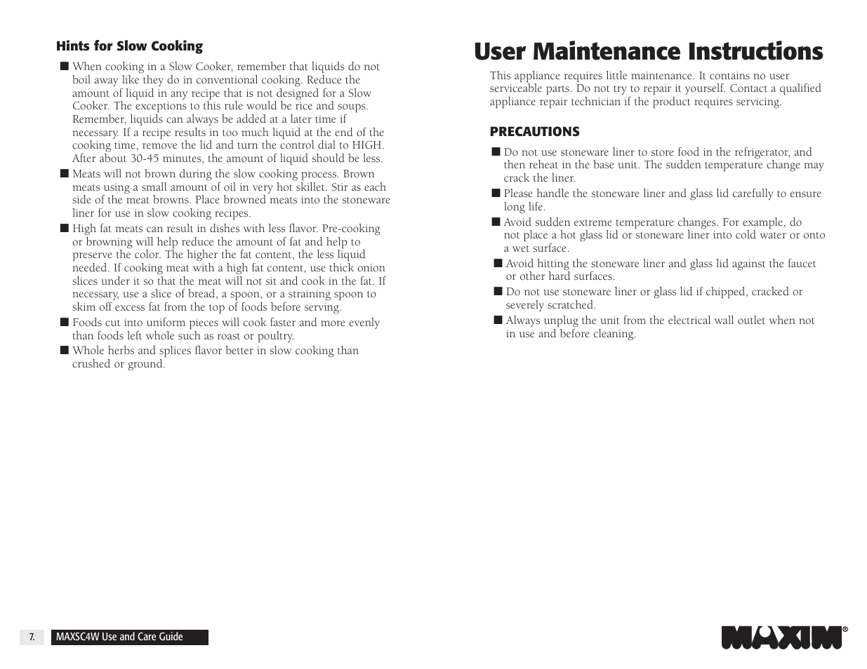 User maintenance instructions | Salton, Inc 4-Quart Oval Slow Cooker MAXSC4W User Manual | Page 9 / 35