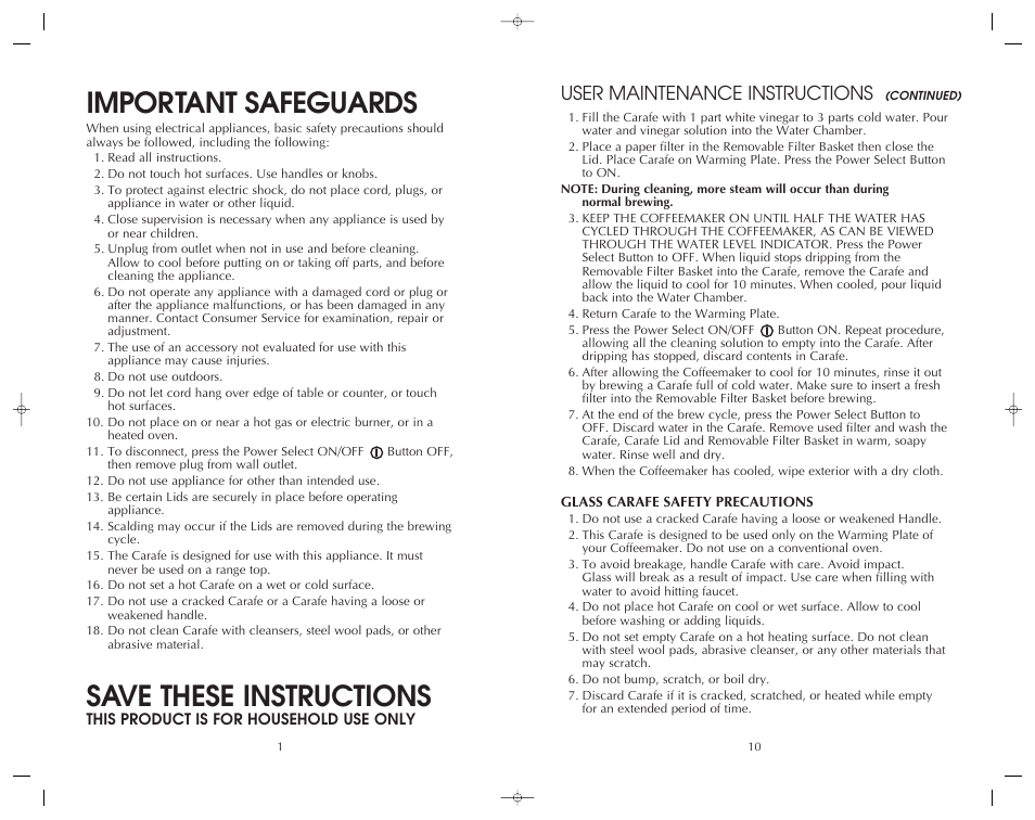 Important safeguards, Save these instructions, User maintenance instructions | FARBERWARE PROGRAMMABLE COFFEEMAKER FCM12SS User Manual | Page 11 / 12