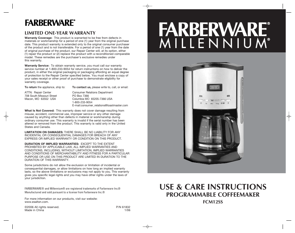 Use & care instructions, Programmable coffeemaker, Fcm12ss limited one-year warranty | FARBERWARE PROGRAMMABLE COFFEEMAKER FCM12SS User Manual | Page 12 / 12
