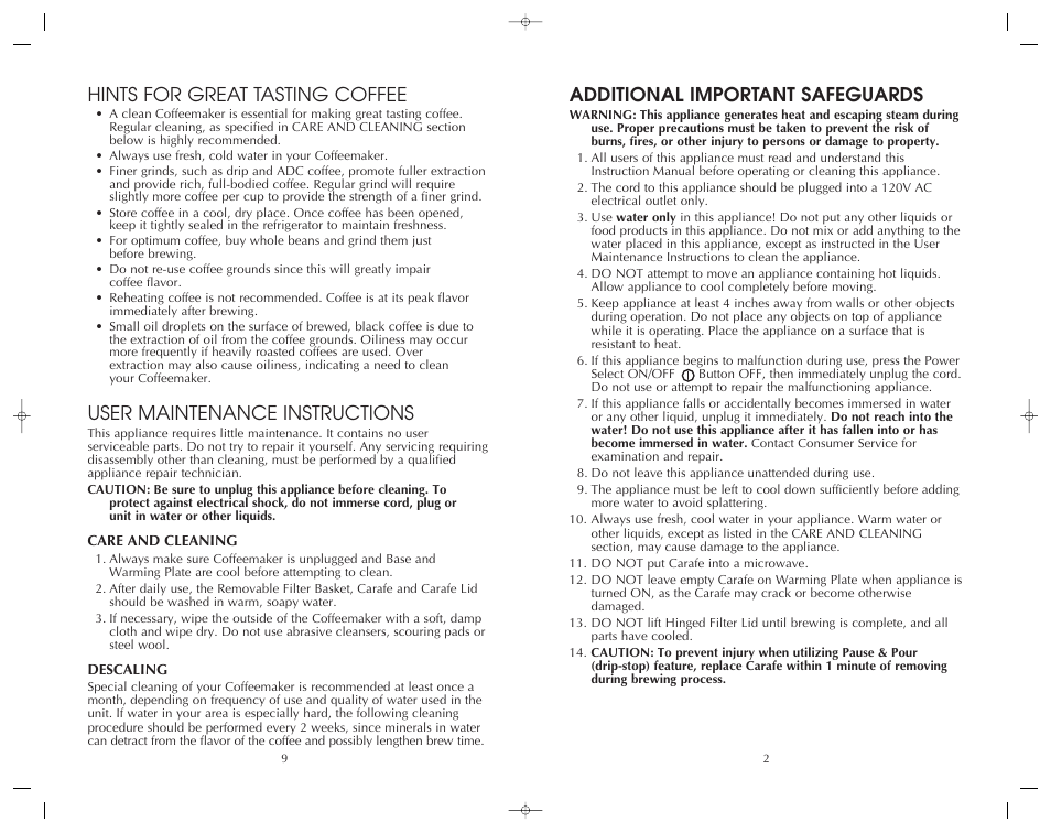Hints for great tasting coffee, User maintenance instructions, Additional important safeguards | FARBERWARE PROGRAMMABLE COFFEEMAKER FCM12SS User Manual | Page 3 / 12