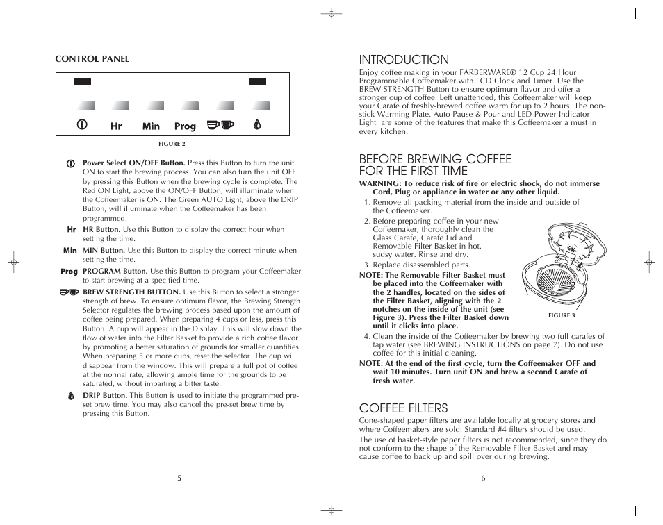 Introduction, Before brewing coffee for the first time, Coffee filters | FARBERWARE PROGRAMMABLE COFFEEMAKER FCM12SS User Manual | Page 7 / 12