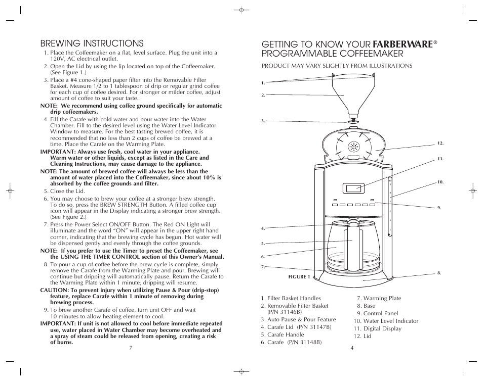 Farberware, Brewing instructions, Getting to know your | Programmable coffeemaker | FARBERWARE PROGRAMMABLE COFFEEMAKER FCM12SS User Manual | Page 8 / 12