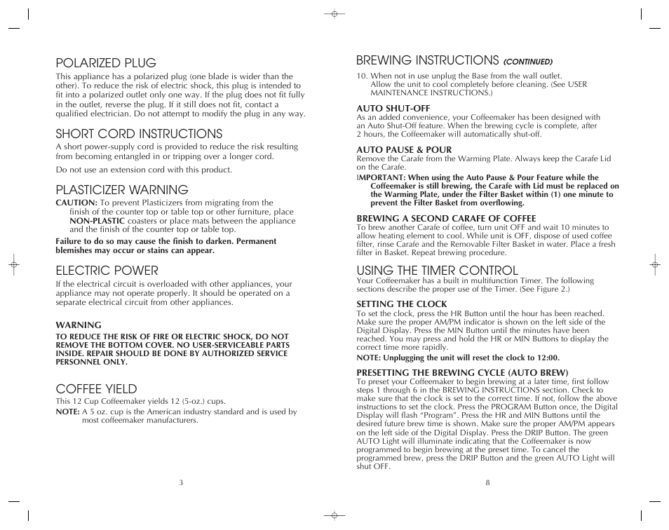 Using the timer control, Brewing instructions, Polarized plug | Short cord instructions, Plasticizer warning, Electric power, Coffee yield | FARBERWARE PROGRAMMABLE COFFEEMAKER FCM12SS User Manual | Page 9 / 12