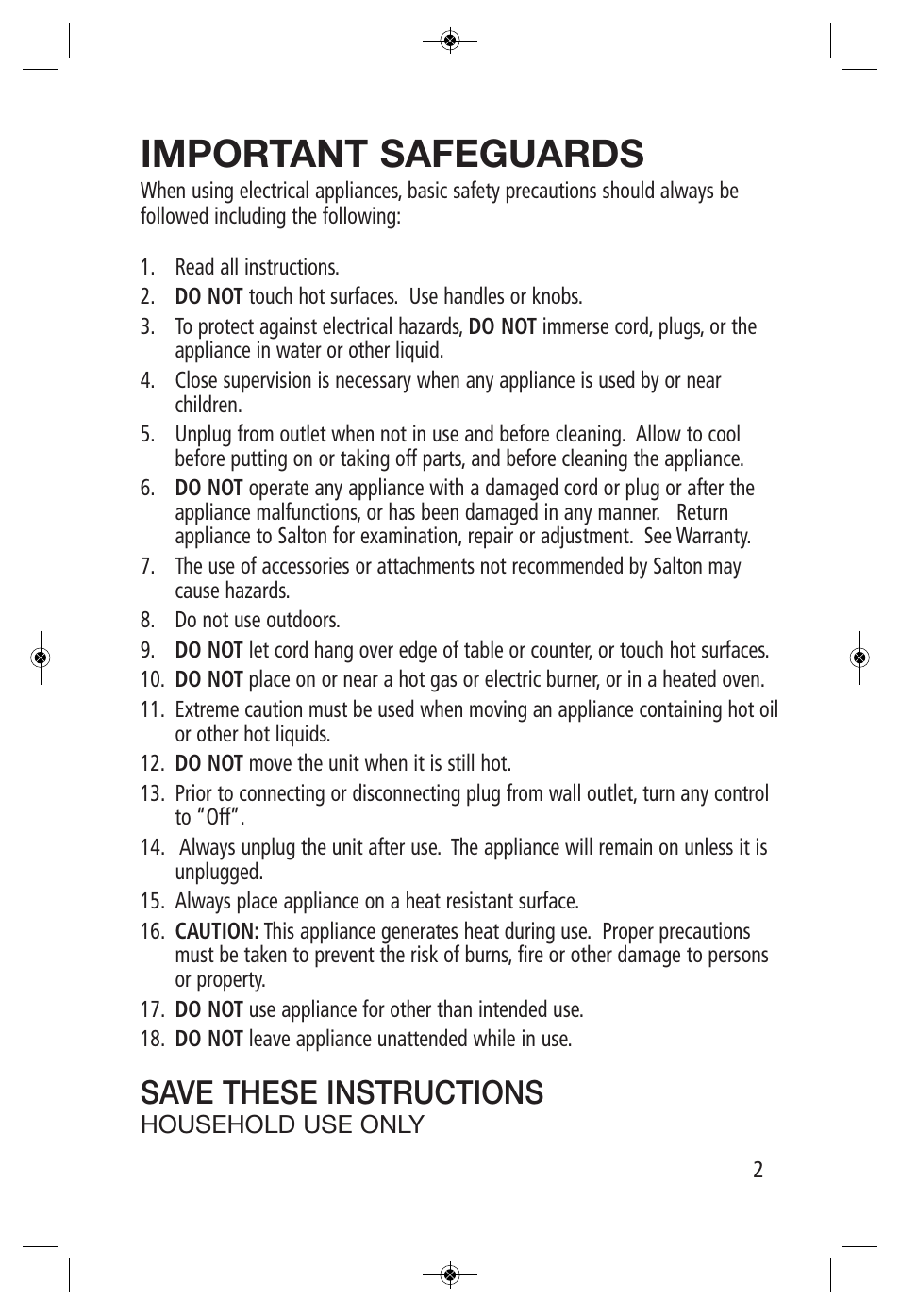 Important safeguards, Save these instructions | Salton, Inc WM-1186 User Manual | Page 2 / 9