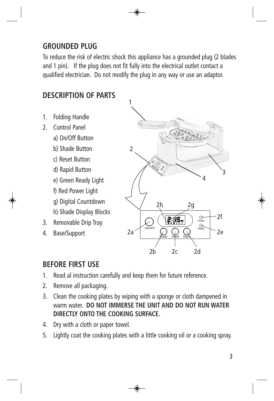 Grounded plug, Description of parts, Before first use | Salton, Inc WM-1186 User Manual | Page 3 / 9