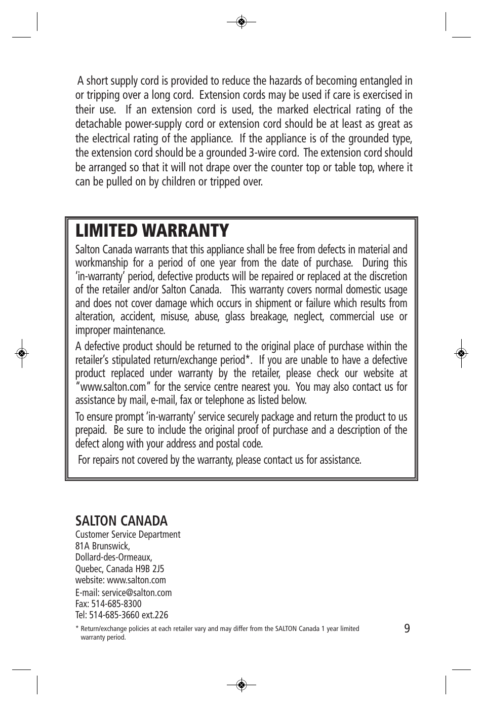 Limited warranty, Salton canada | Salton, Inc WM-1186 User Manual | Page 9 / 9