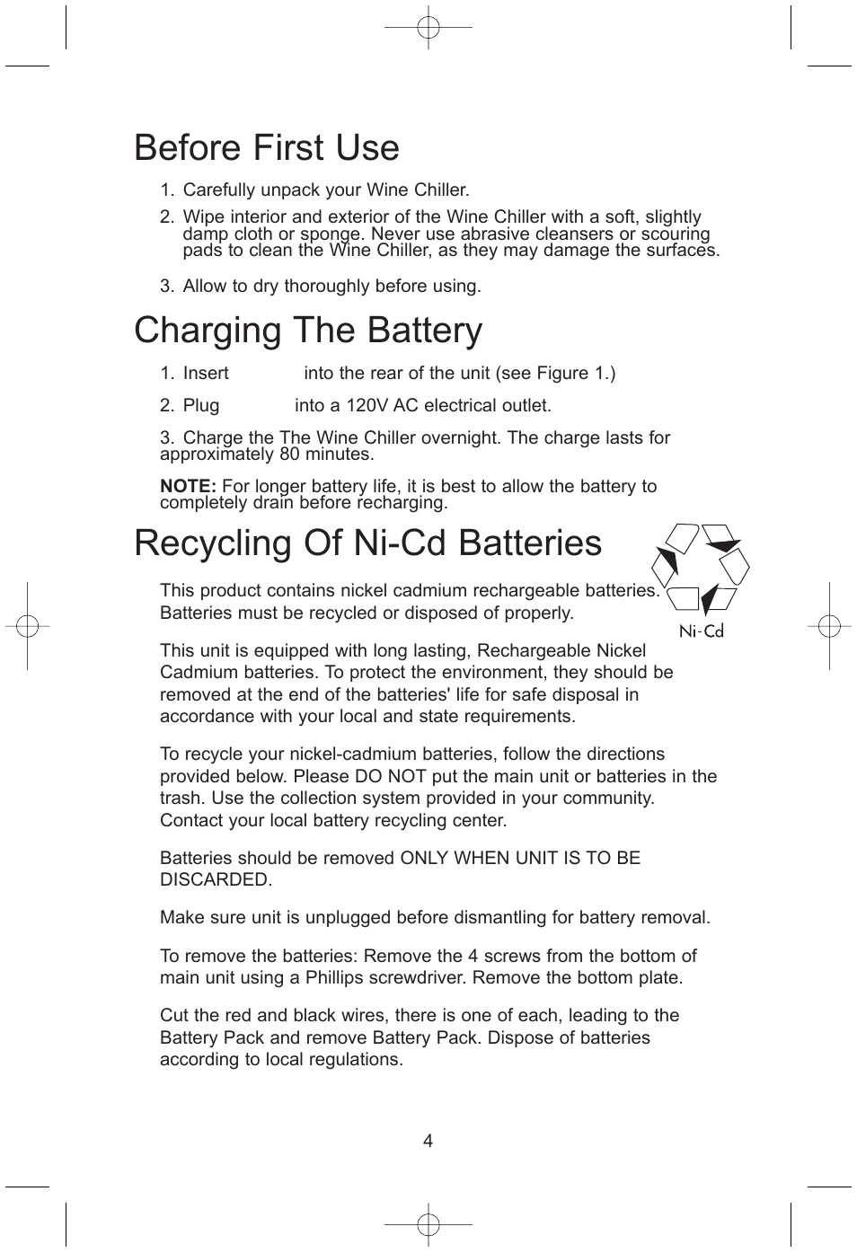 Before first use, Charging the battery, Recycling of ni-cd batteries | Salton, Inc WC22RE User Manual | Page 5 / 8