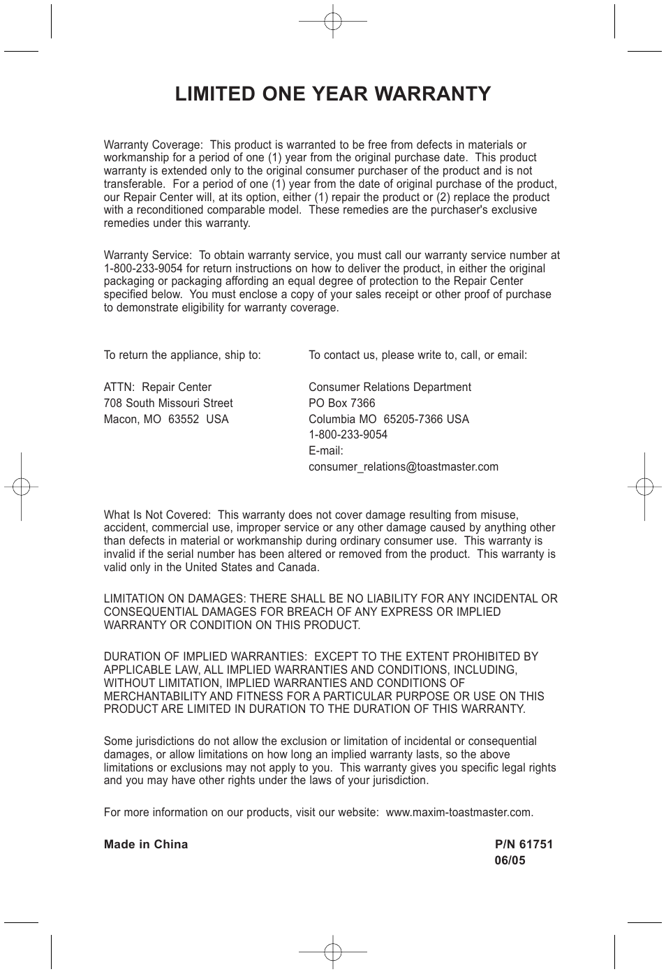 Limited one year warranty | Salton, Inc WC22RE User Manual | Page 8 / 8