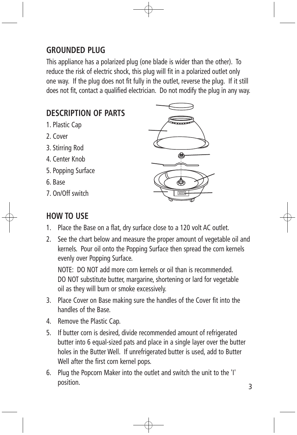 Grounded plug, Description of parts, How to use | Salton, Inc CP-1204 User Manual | Page 3 / 6