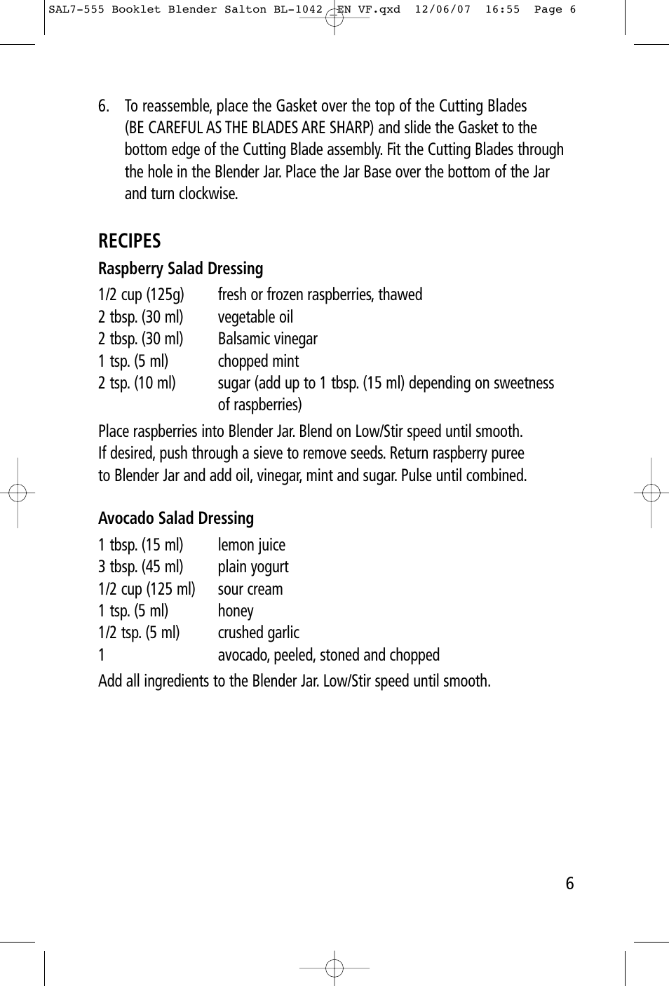 Recipes | Salton, Inc BL-1042 User Manual | Page 6 / 9