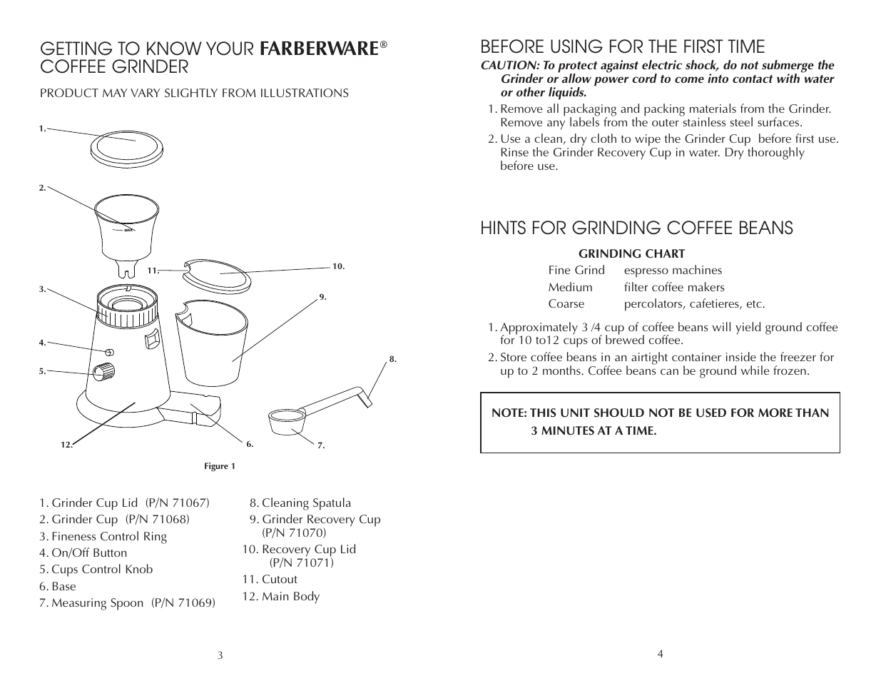 Farberware, Before using for the first time, Hints for grinding coffee beans | Getting to know your, Coffee grinder | FARBERWARE COFFEE GRINDER FAC500G User Manual | Page 5 / 8