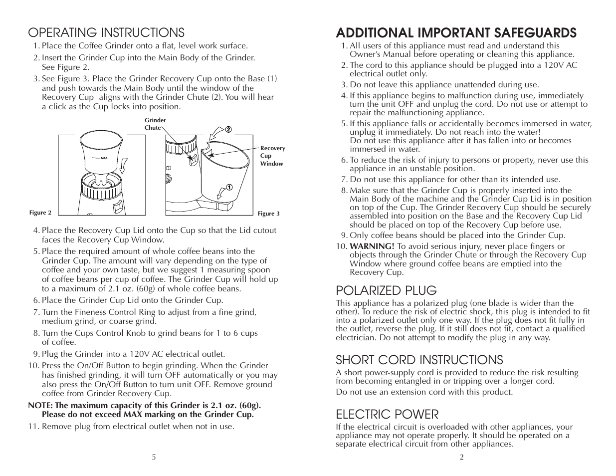 Additional important safeguards, Operating instructions, Polarized plug | Short cord instructions, Electric power | FARBERWARE COFFEE GRINDER FAC500G User Manual | Page 6 / 8