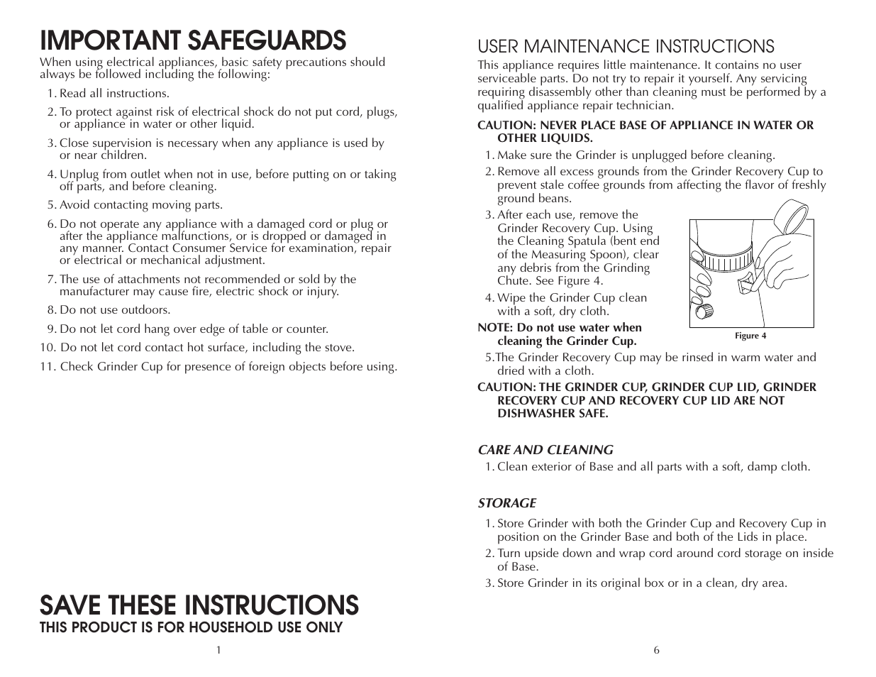 Important safeguards, Save these instructions, User maintenance instructions | FARBERWARE COFFEE GRINDER FAC500G User Manual | Page 7 / 8