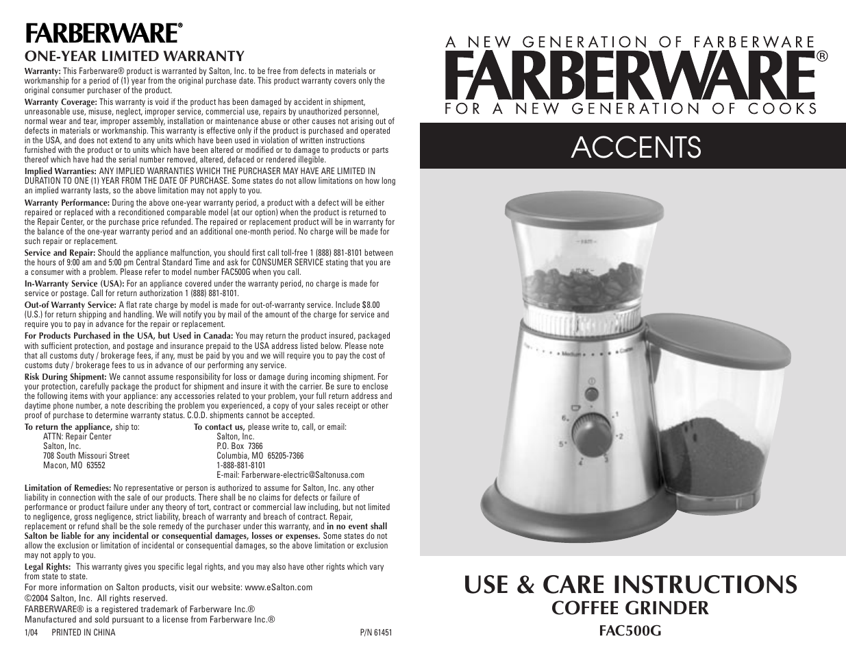 Accents, Use & care instructions, Coffee grinder | FARBERWARE COFFEE GRINDER FAC500G User Manual | Page 8 / 8