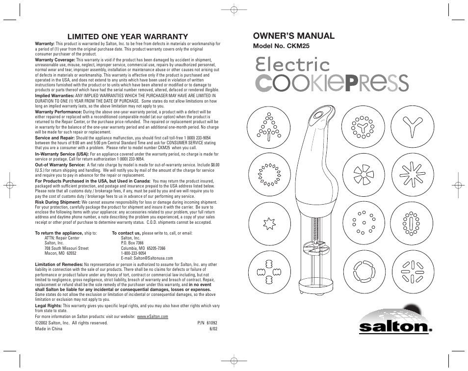 Salton, Inc CKM25 User Manual | 24 pages