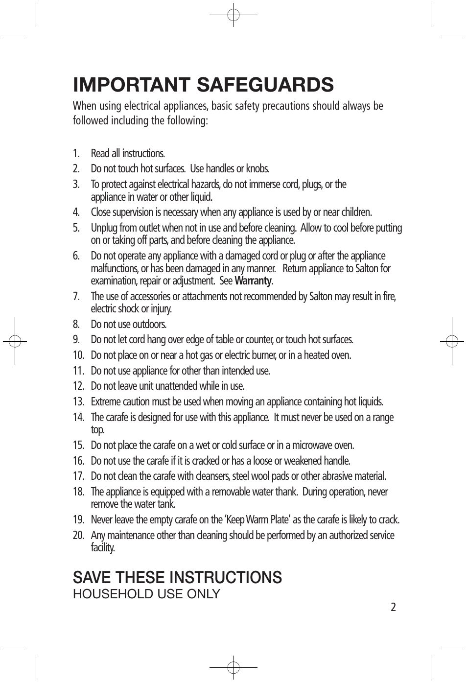 Important safeguards, Save these instructions | Salton, Inc FC-1191 User Manual | Page 2 / 6