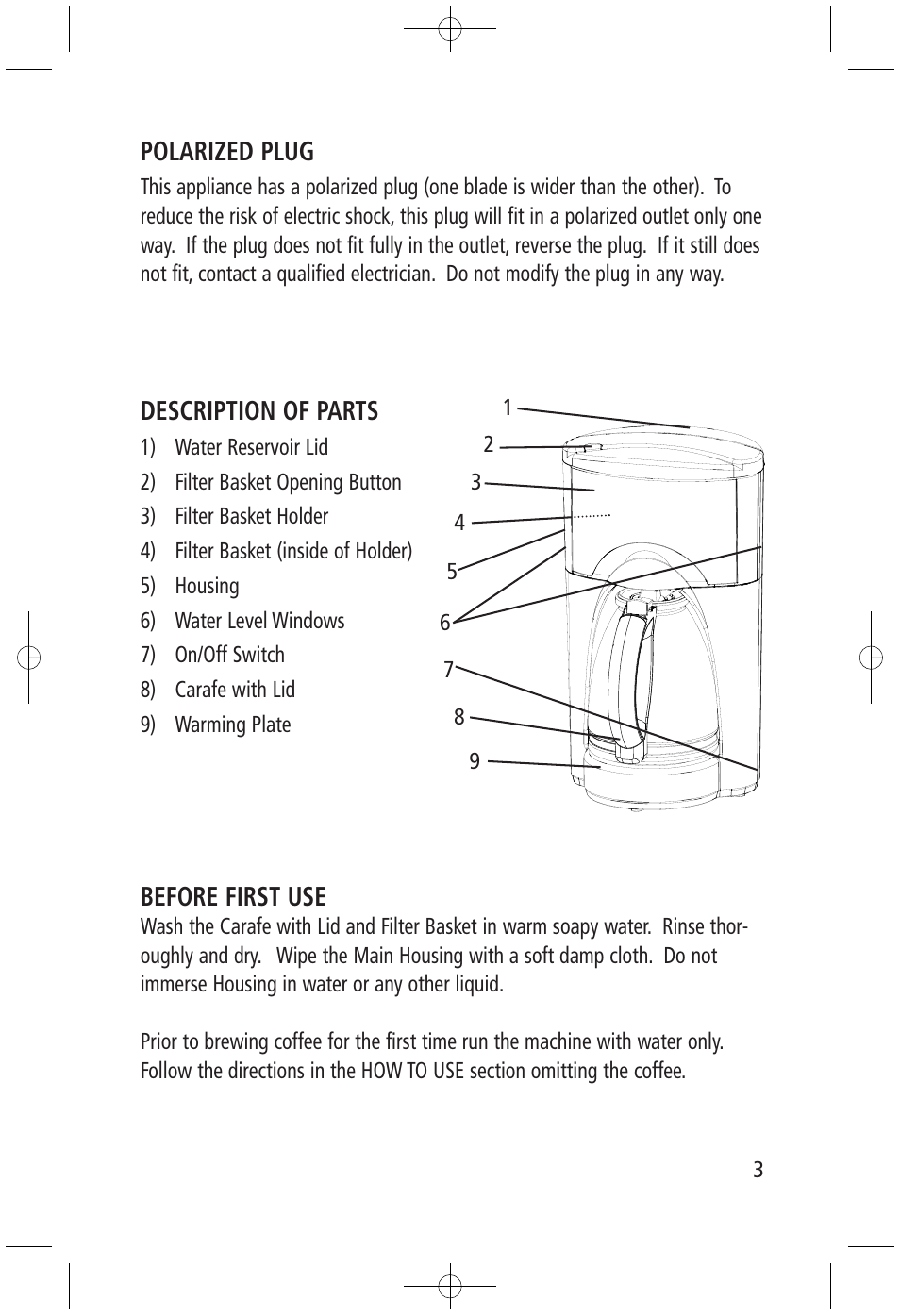 Polarized plug, Description of parts, Before first use | Salton, Inc FC-1191 User Manual | Page 3 / 6