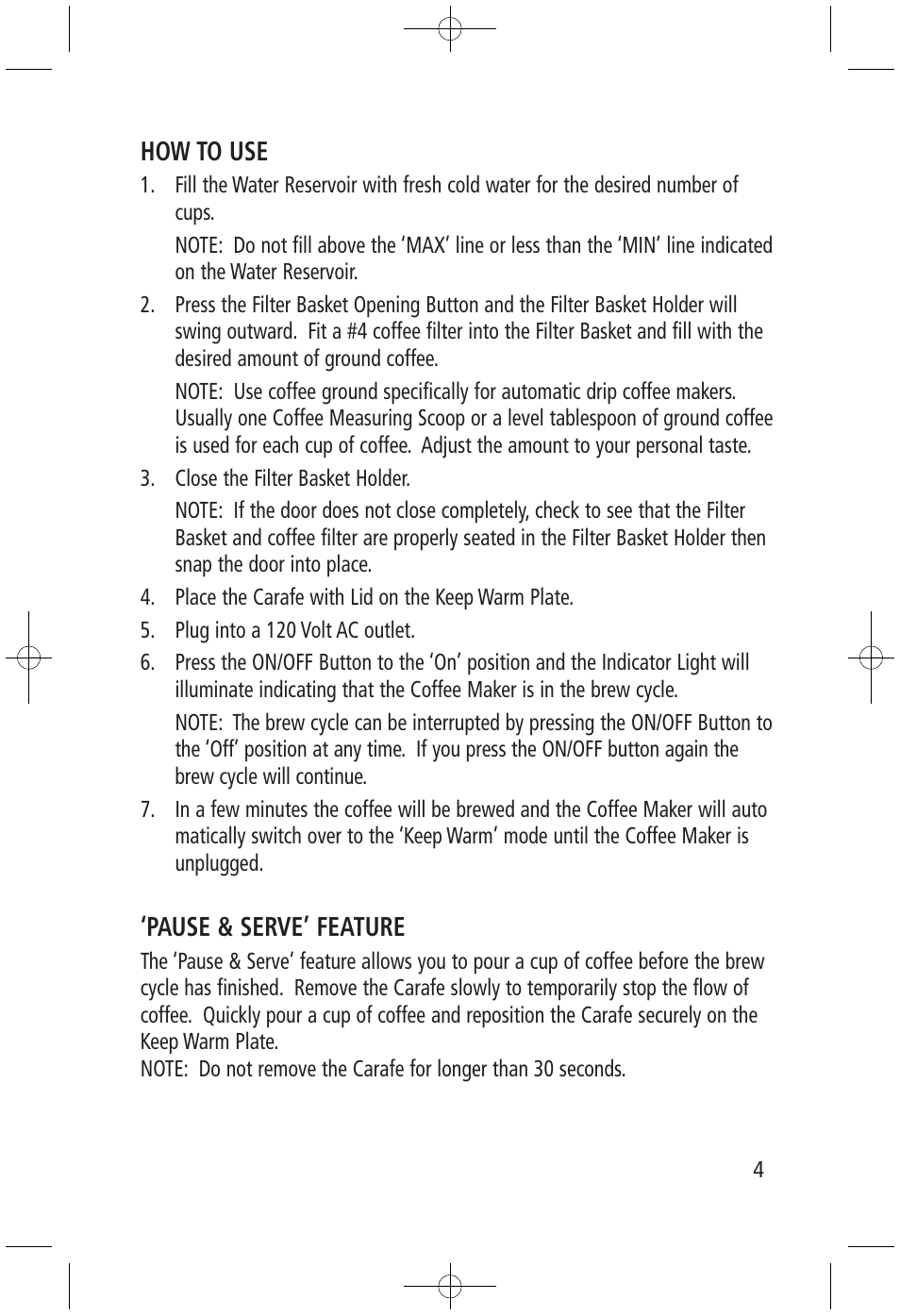 How to use, Pause & serve’ feature | Salton, Inc FC-1191 User Manual | Page 4 / 6