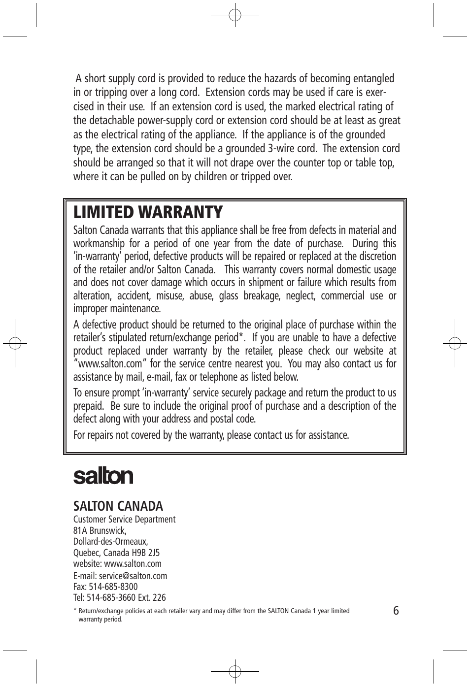 Limited warranty, Salton canada | Salton, Inc FC-1191 User Manual | Page 6 / 6