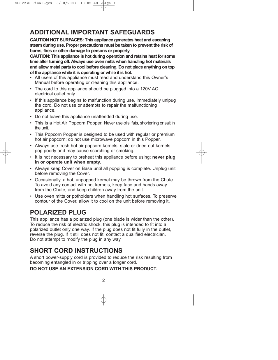 Additional important safeguards, Polarized plug, Short cord instructions | Salton, Inc SD8PC3D User Manual | Page 3 / 8