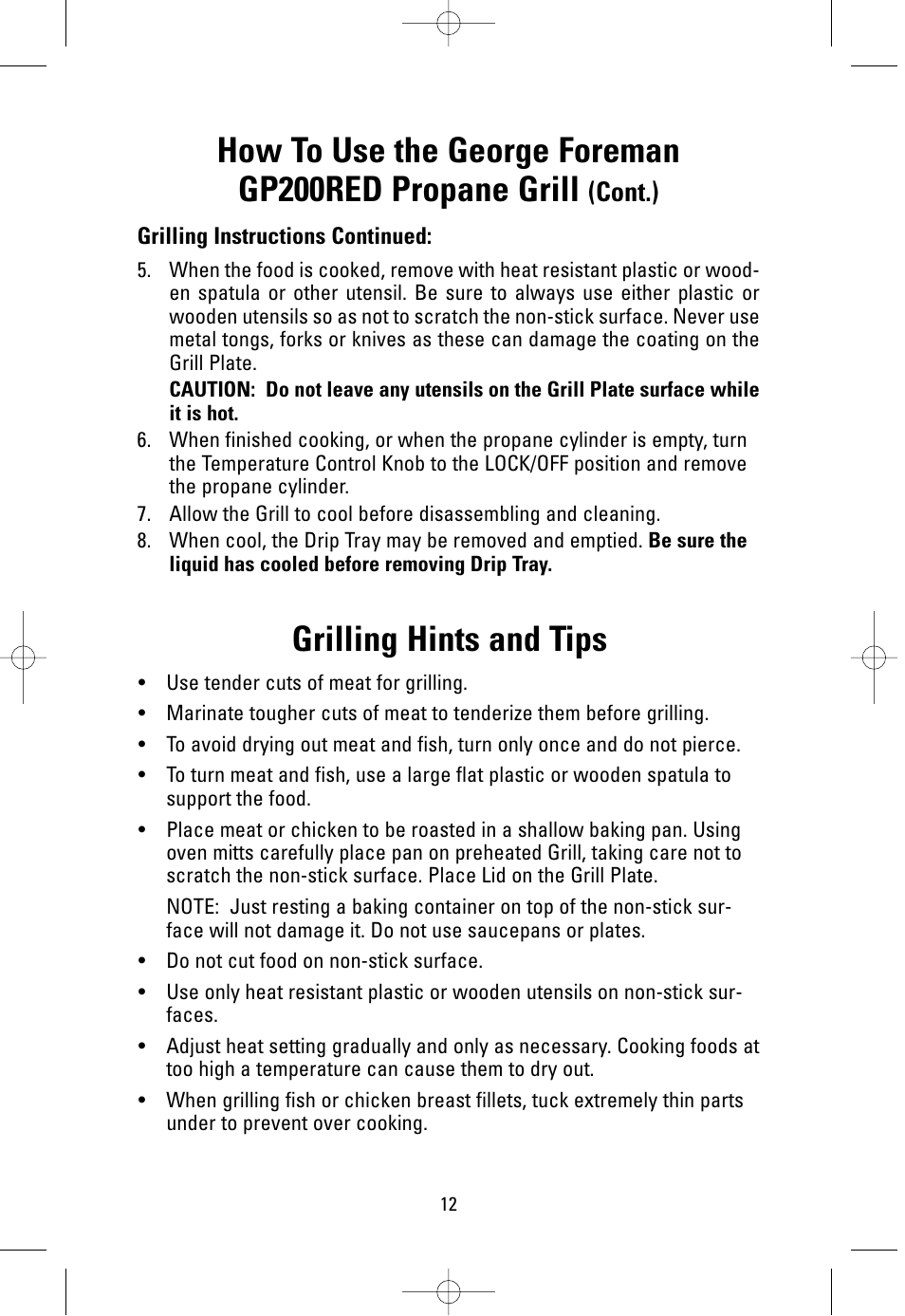 Grilling hints and tips, Cont.) | Salton, Inc GP200RED User Manual | Page 12 / 24
