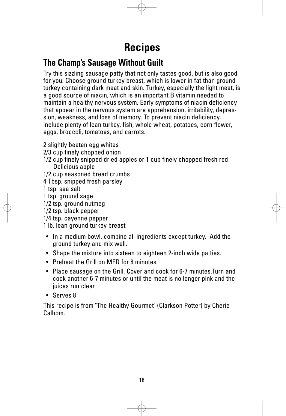 Recipes, The champ’s sausage without guilt | Salton, Inc GP200RED User Manual | Page 18 / 24