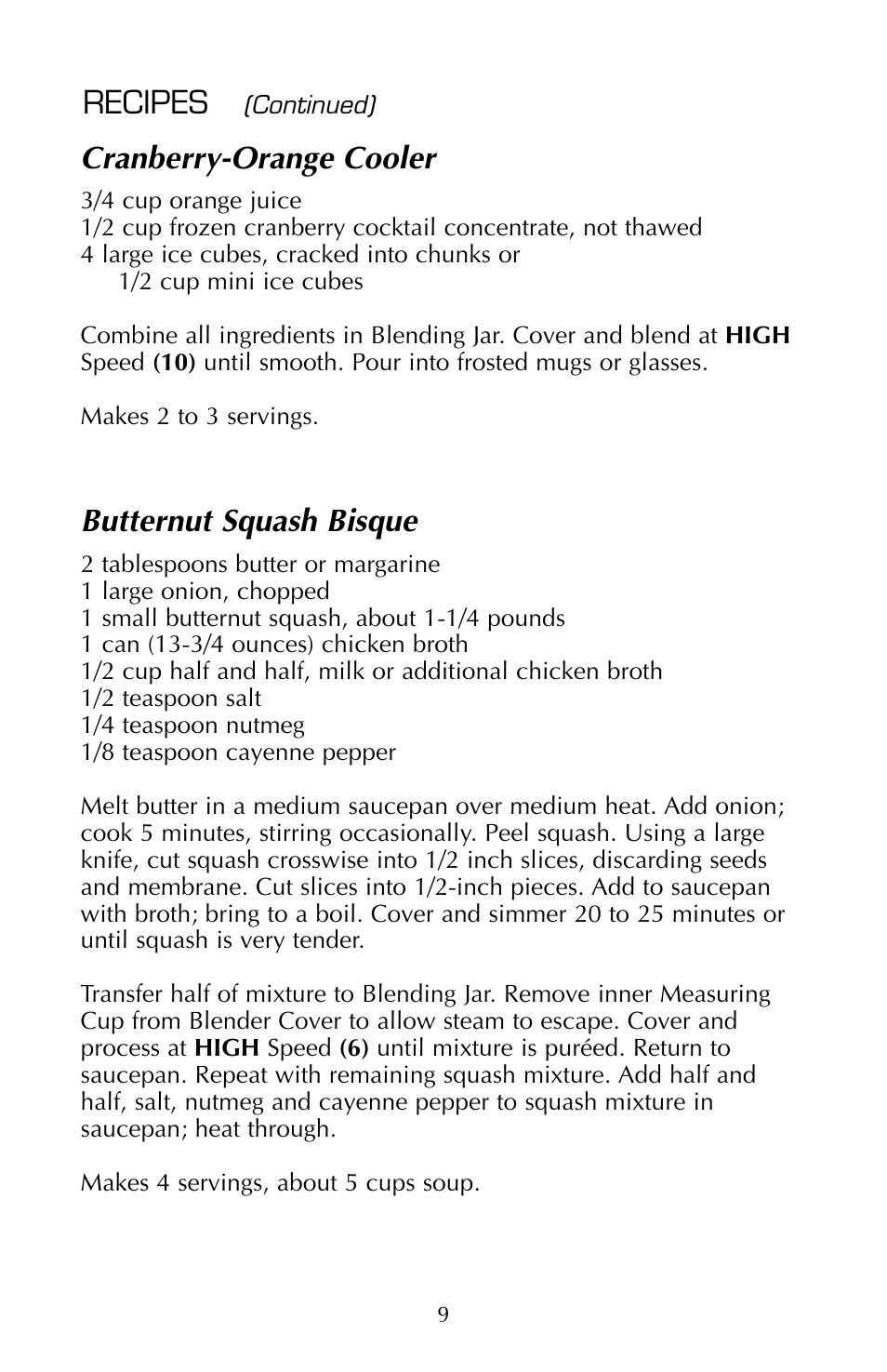 Cranberry-orange cooler, Butternut squash bisque, Recipes | FARBERWARE 10 SPEED BLENDER FSB100 User Manual | Page 10 / 12