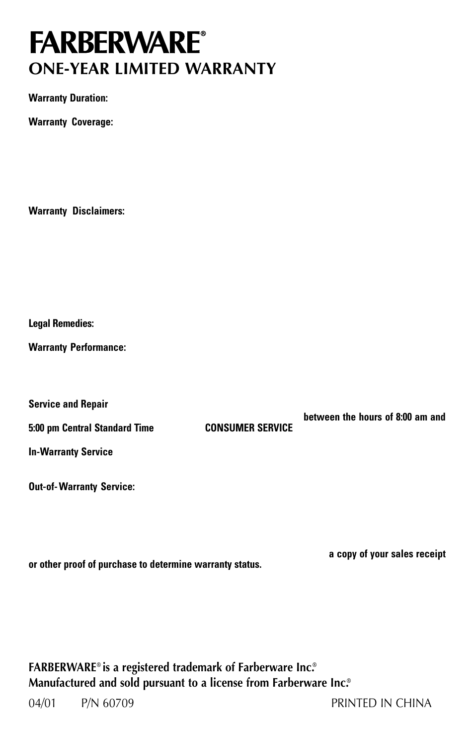 One-year limited warranty, Farberware, Is a registered trademark of farberware inc | FARBERWARE 10 SPEED BLENDER FSB100 User Manual | Page 12 / 12